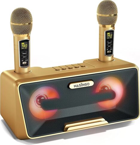 MASINGO Karaoke Machine for Adults and Kids with 2 Wireless Microphones, Portable Bluetooth Singing Speaker, Colorful LED Lights, PA System, Lyrics Display Phone Holder, and TV Cable. Presto G2 in Saudi Arabia