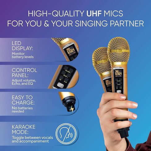 MASINGO Karaoke Machine for Adults and Kids with 2 Wireless Microphones, Portable Bluetooth Singing Speaker, Colorful LED Lights, PA System, Lyrics Display Phone Holder, and TV Cable. Presto G2 in Saudi Arabia