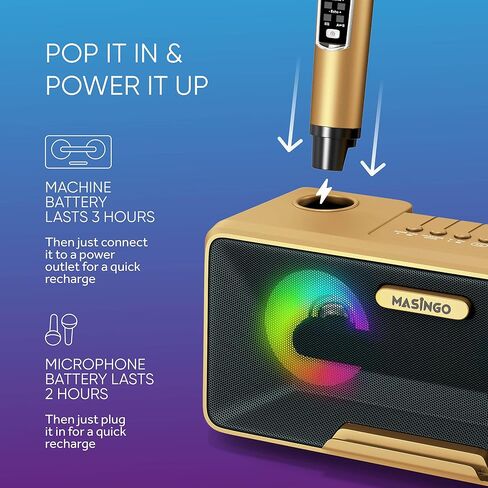 MASINGO Karaoke Machine for Adults and Kids with 2 Wireless Microphones, Portable Bluetooth Singing Speaker, Colorful LED Lights, PA System, Lyrics Display Phone Holder, and TV Cable. Presto G2 in Saudi Arabia