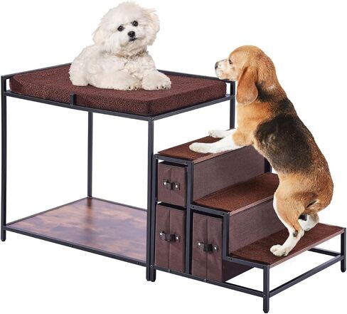 VEVOR Pet Bunk Bed with Stairs, Dog/Cat Window Perch for High Beds and Couches, Medium Multi-Level 3 Step Dog Seat Platform Sleeper Couch, Practical for Modern Homes (Rustic Brown) in Saudi Arabia