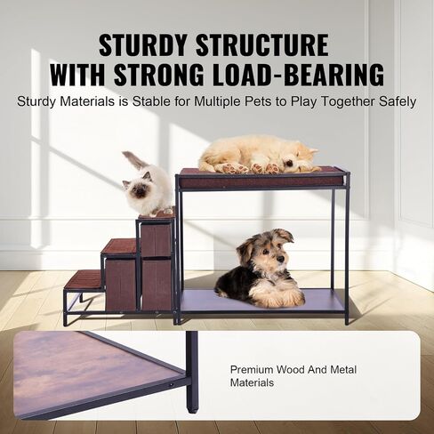VEVOR Pet Bunk Bed with Stairs, Dog/Cat Window Perch for High Beds and Couches, Medium Multi-Level 3 Step Dog Seat Platform Sleeper Couch, Practical for Modern Homes (Rustic Brown) in Saudi Arabia