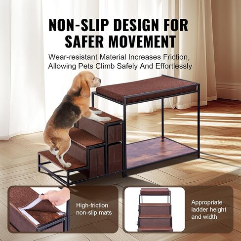 VEVOR Pet Bunk Bed with Stairs, Dog/Cat Window Perch for High Beds and Couches, Medium Multi-Level 3 Step Dog Seat Platform Sleeper Couch, Practical for Modern Homes (Rustic Brown) in Saudi Arabia