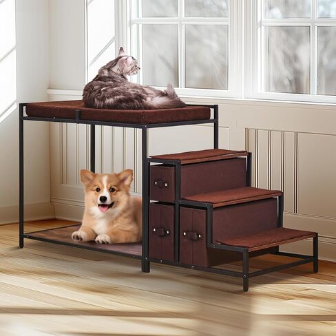 VEVOR Pet Bunk Bed with Stairs, Dog/Cat Window Perch for High Beds and Couches, Medium Multi-Level 3 Step Dog Seat Platform Sleeper Couch, Practical for Modern Homes (Rustic Brown) in Saudi Arabia