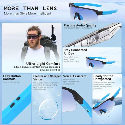 Smart Glasses for Running, Cycling, Polarized Sport Sunglasses for Men Women, Bluetooth 5.4 Headphones, UV400, Photochromic, Spherical Lenses, Black in Saudi Arabia