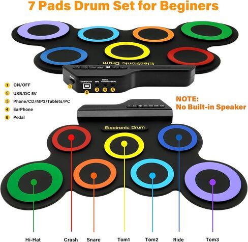 BESFAN Portable Electronic Drum Set - 7 Pads Roll up Drum Practice Pad with Pedals & Stick, Headphone, Jack in Drum Set Kit for Kids and Adults, Great Holiday Christmas & Birthday Gift in Kuwait