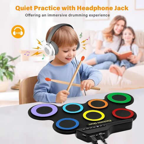 BESFAN Portable Electronic Drum Set - 7 Pads Roll up Drum Practice Pad with Pedals & Stick, Headphone, Jack in Drum Set Kit for Kids and Adults, Great Holiday Christmas & Birthday Gift in Kuwait