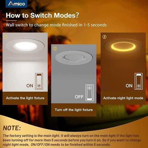 Amico 24 Pack 6 inch 5CCT LED Recessed Lighting with Night Light, 12.5W=100W, 1000LM Can Lights with Baffle Trim, Dimmable, Retrofit Downlight, 2700K/3000K/3500K/4000K/5000K Selectable- ETL & FCC in Saudi Arabia