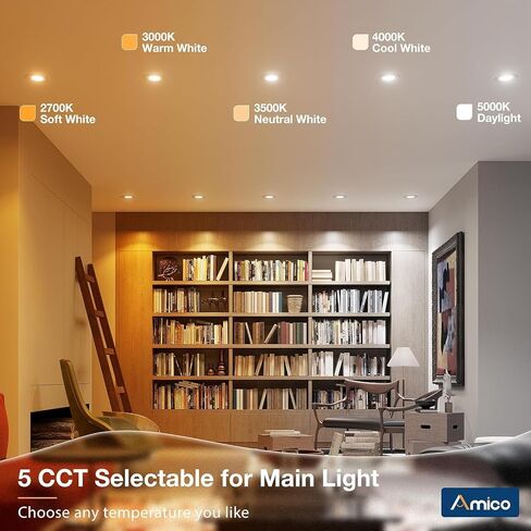 Amico 24 Pack 6 inch 5CCT LED Recessed Lighting with Night Light, 12.5W=100W, 1000LM Can Lights with Baffle Trim, Dimmable, Retrofit Downlight, 2700K/3000K/3500K/4000K/5000K Selectable- ETL & FCC in Saudi Arabia