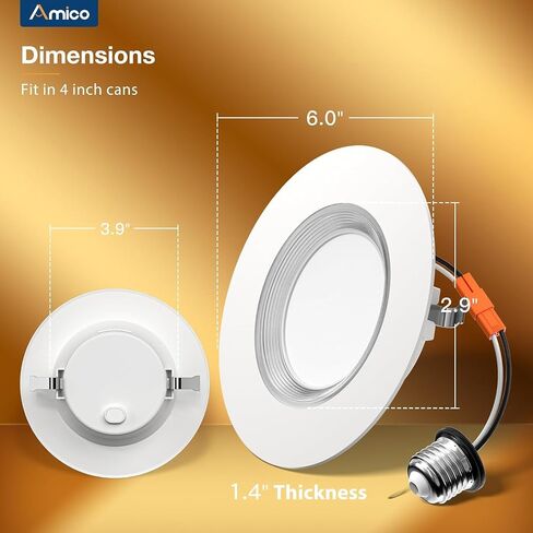 Amico 24 Pack 6 inch 5CCT LED Recessed Lighting with Night Light, 12.5W=100W, 1000LM Can Lights with Baffle Trim, Dimmable, Retrofit Downlight, 2700K/3000K/3500K/4000K/5000K Selectable- ETL & FCC in Saudi Arabia