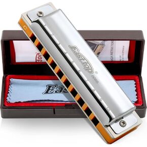 East top Harmonica, Advanced Diatonic Harmonica Key of C, 10 Holes Blues Harp Mouth Organ Harmonica with Silver Cover, Blues Harmonicas For Adults, Professionals and Students