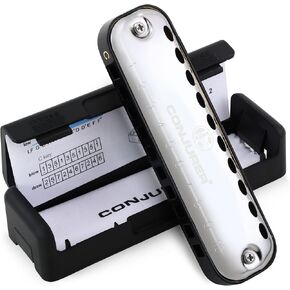 CONJURER Blues Harmonica for Kids Adult Beginners 10 Hole Diatonic Harmonica Key of C, Brass Reed Metal Mouth Organ C Key Blues Harp with Case, Black