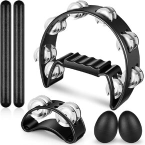 6 Pcs Tambourines Set for Adults, Metal Bells Hand Held Percussion Half-Moon Tambourine Foot Tambourine for Adult, Egg Shakers Wood Rhythm Sticks for Kids, Black Instrument Set for Party KTV Church