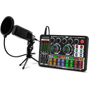 F999 Podcast Equipment Bundle with Audio Interface,Voice Changer,MS60 Condenser Karaoke Microphone, Mic Stand,Streaming Podcast Starter Kit DJ Audio Mixer for Podcast and Live