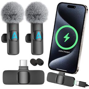 iPhone 15 Mics, 2 Pack Wireless Lavalier Microphone for iP15 Pro/Max - Plug-Play Crystal Clear Sound Quality, Long Lasting for Interviews, Podcasts, Vlogs, and More