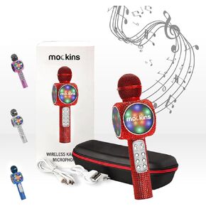 Mockins Red Bling Karaoke Microphone for Kids - Wireless Microphone Karaoke w/Speaker, Voice Changer & Colorful LED Lights, Portable Kids Microphone
