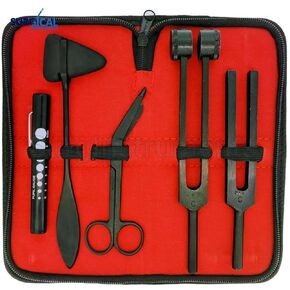 SURGICAL ONLINE Percussion Taylor Reflex Hammer + C 128 & C 512 Tuning Forks + Bandage Scissors + Pupil Gauge Pen Light in Carrying Case - 6-Piece Set (Full Black)