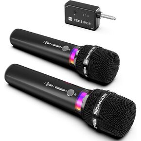 Wireless Microphone, Rechargeable Wireless Dual Microphones with One-to-One Chip Connection and LED Lights, 40H Duration, 200FT Range Receiving, Less Latency Karaoke Microphone for Singing