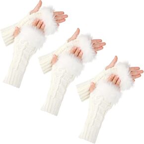 3 Pairs Fingerless Winter Gloves Faux Fur Crochet Warm Middle Length Thumb Hole Fingerless Gloves Arm Warmers