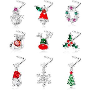 20G 9PCS 316L Stainless Steel Christmas Nose Rings Stud for Women Men Christmas Elements Nose Studs Christmas Tree Snowflake Socks Nose Stud Nose Piercing Stud