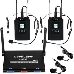 Wireless Microphone System, Dual Wireless Lavalier & Headset Microphones, 2x10 UHF Frequencies, 262ft Range, Microphone for Singing, Karaoke, Church (2 Bodypack)