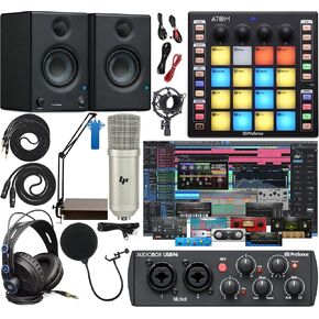 PreSonus AudioBox 96 Audio Interface Full Studio Bundle Includes Software Kit, ATOM MIDI Pad Controller, Eris 3.5 Pair Bluetooth Monitors, and Adjustable Suspension Boom Arm + HD7 Headphones