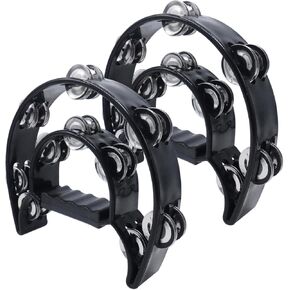 10" Double Row Tambourine (2 Pack), 20 Metal Jingles Half Moon Hand Held Percussion Drum for Adults, Portable Musical Tambourines for KTV, Church, Party, Green