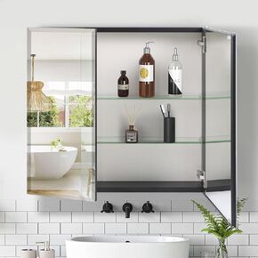 Movo Medicine Cabinet with Mirror, 24 Inch x 30 Inch Aluminum Mirror Cabinet with Single Door, Bathroom Medicine Cabinet, Surface Mount or Recess Installation,Silver