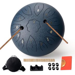 Steel Tongue Drum - 12 Inches 13 Notes Blue Handpan Drum with Drum Bag, Music Book, and Drum Mallets - Ideal Holiday Gift for Music Therapy, Yoga, and Relaxation