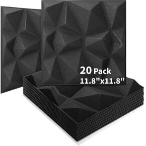 Art3d 20-Pack Sound Proof Wall Panels Diamond Design, 3D Textured Acoustic Wall Panels for Sound Absorbing, Accent Wall Panels for Gaming Room, Bedroom, Living Room - 11.8"x11.8" Black