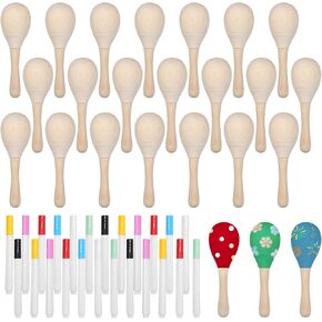 24 PCS Maracas with 24 Colored Marker Pens, 4.6 Inches Multi-Colored Wooden Maracas, Lightweight Design Noisemaker Musical Fun Party Favor for Adult Mexican Party Props Birthday Carnival