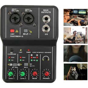 Audio Mixer, 2 Channels Audio Stereo Mixer USB 48V Power Compact Sound Mixing Console for Music Recording Home Karaoke Internet Karaoke