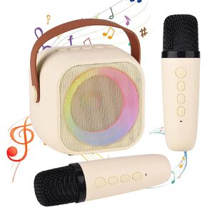 Karaoke Machine for Kids Adults, Mini Portable Bluetooth Karaoke Speaker with 2 Wireless Microphone and Lights,Toys for All Smartphones,Birthday, Family,Home Party Beige