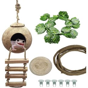 Tfwadmx Crested Gecko Coco Hut Natural Lizard Coconut Shell Hideout Home Mini Condo Reptiles Durable Ladder Cave Habitat Hanging Loop Climbing Porch Hiding Nest House