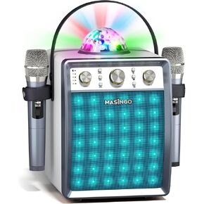 MASINGO Karaoke Machine for Adults and Kids with 2 Wireless Microphones, Portable Singing PA Speaker System Set with 2 Bluetooth Mics, Disco Ball Party Lights & TV Cable, Ostinato M7