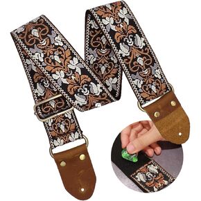 Guitar Strap with Pick Pocket, Wild Guitar Straps with Genuine Leather,Adjustable Strap