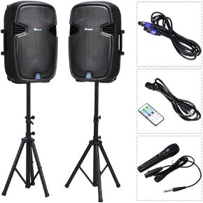 Suono 15" Dual Powered Speakers, 3000W 2-Way Portable Loud Speaker With Stands and Microphone (Active+Passive Speakers + Stands)