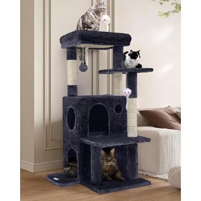 FC50 Cat Tree Tower for Indoor Cats, 50-inch Adult Cat Tree House for Large Adult Cats with Steps, Scratching Post, 2 Cat Caves, Dangling Toys, Light Grey