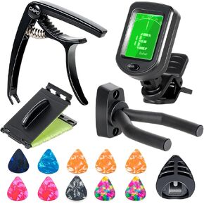Guitar Capo, Tuner, Guitar Wall Mount Hanger, Guitar Picks, Guitar String Cleaner Acoustic Guitar Accessories Kit for Guitar, Violin, Bass, Ukulele