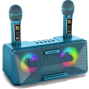 MASINGO Karaoke Machine for Adults and Kids with 2 Wireless Microphones, Portable Bluetooth Singing Speaker, Colorful LED Lights, PA System, Lyrics Display Holder & TV Cable - Presto G2