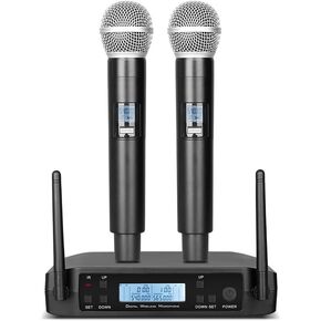 Depusheng T2 Two UHF Channel Wireless Microphone System, Wireless Handheld Microphone Portable Karaoke Dynamic Microphone System for Singing, Home Karaoke, Meeting, Party, Church, DJ, Wedding