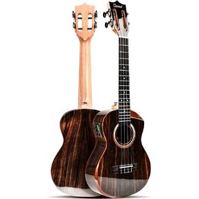 Caramel TEG91 Cuteway Ebony Glossy Tenor Acoustic & Electric Ukulele with Armrest | 26-inch Handmade Professional Ukelele Kit with Accessories