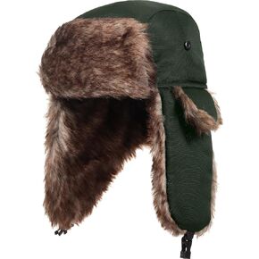SATINIOR 1 Piece Unisex Trapper Hat with Chin Strap Faux Fur Earflaps Hat Winter Hunting Hats Warm Hat for Women Men (Black)
