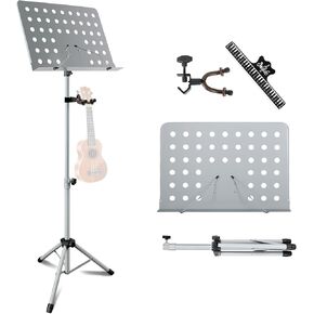 EASTROCK Metal Sheet Music Stand with Violin Ukulele Hanger Holder – Adjustable Music Stand, Professional Music Book Holder, and Sheet Music Clip