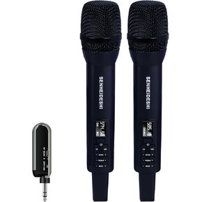 UHF Rechargeable Wireless Microphone System with 2 x Handheld Mic, 1/4" Mini Portable Rechargeable Bluetooth Receiver, Built-in EQ, Effects for Karaoke, Events, Church, Meetings