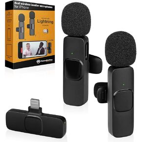 PowerDeWise Wireless Lavalier Microphone for iPhone iPad - Noise Cancelling Wireless Microphones Plug & Play - Mini Mic Lapel Microphone Clip On Wireless Mic for iPhone Pack of 2