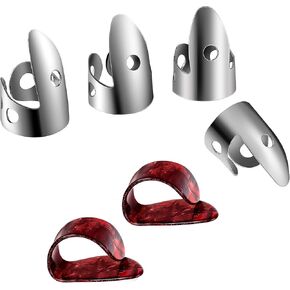 6 Pieces Banjo Finger Picks Set, Including Stainless Steel Finger Picks and Thumb Picks, Metal Finger Picks Adjustable Bass Finger Picks for Guitar, Banjos and Other Instruments (Silver, Red)
