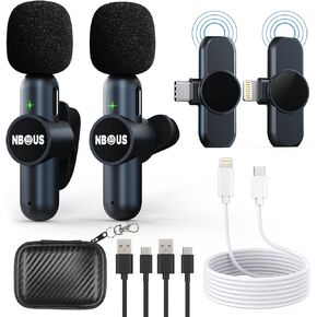Wireless Lavalier Microphone for iPhone iPad Android (2 Mics and 2 Receivers) 65FT 6H Working Time，Plug-Play Low Latency Wireless Microphones for Video TikTok (Lightning Charging Cable)