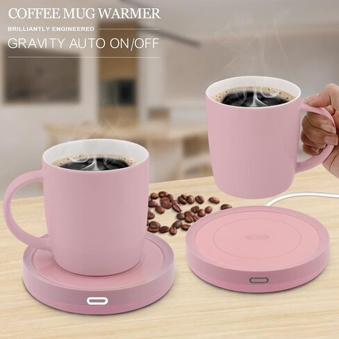 BESTINNKITS Smart Coffee Cup Warmer Set, Auto On/Off Gravity-Induction Mug Office Desk Use, Candle Wax Cup Warmer Heating Plate (Up to 131F/55C), Pink Mug Warmer Set in Saudi Arabia