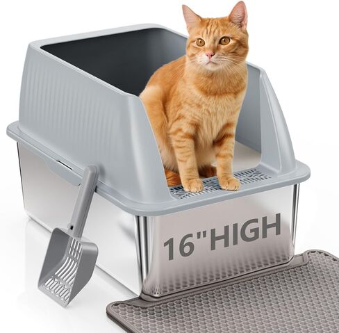 16" Stainless Steel Cat Litter Box with Lid, XL Stainless Steel Litter Box for Cats, Extra Deep Metal Litter Box, Odor-Urine-Proof, Non-Sticky, Easy Rinse Cleaning (Grey, X-Large) in Saudi Arabia