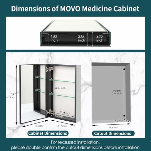 Movo Medicine Cabinet with Mirror, 24 Inch x 30 Inch Aluminum Mirror Cabinet with Single Door, Bathroom Medicine Cabinet, Surface Mount or Recess Installation,Silver in Kuwait